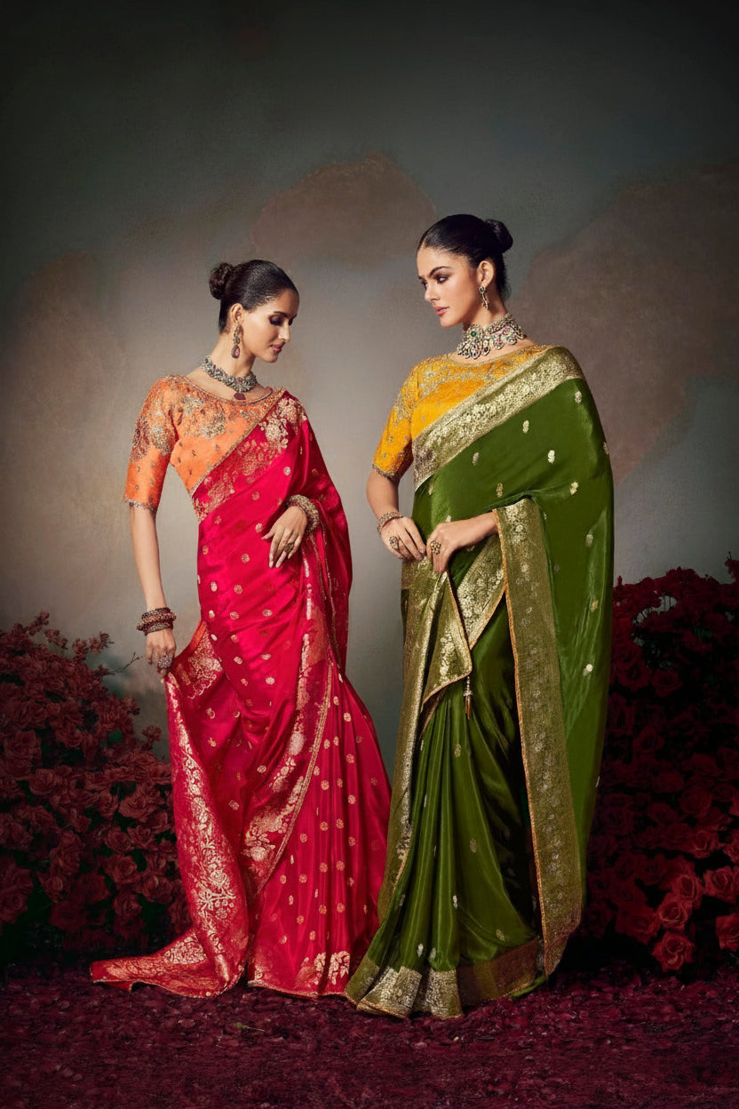 Chiniya Silk Saree with Designer Lace Border & Heavy Embroidered Silk Blouse
