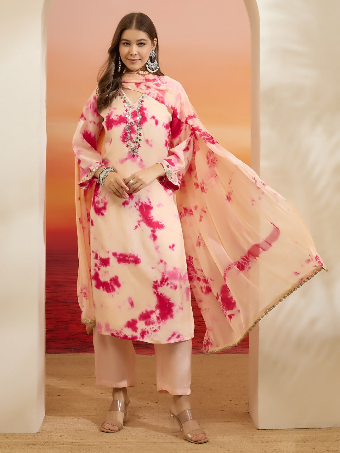Pink & Peach Muslin Tie-Dye Kurta Set with Hand-Embroidered Mirror Work