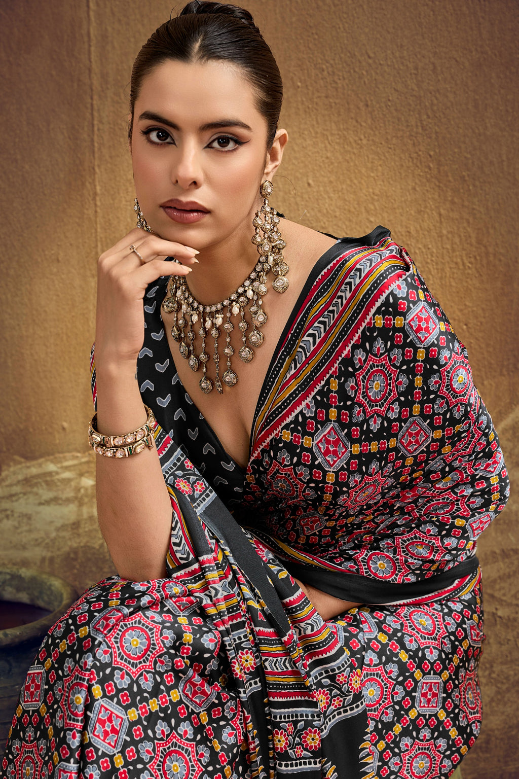 Ajrakh Printed Modal Satin Sarees with Matching Blouse