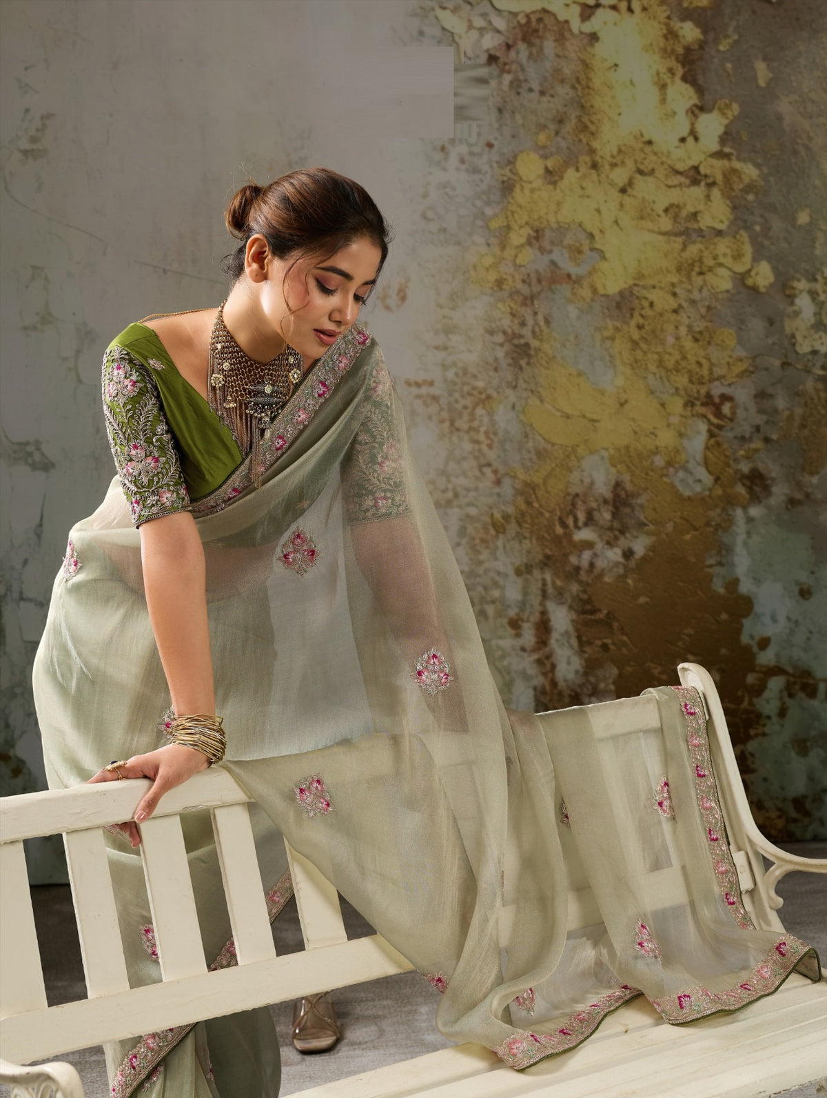 Metallic Tissue Saree with Pita Zari & Antique Sleeve-Embroidered Satin Blouse