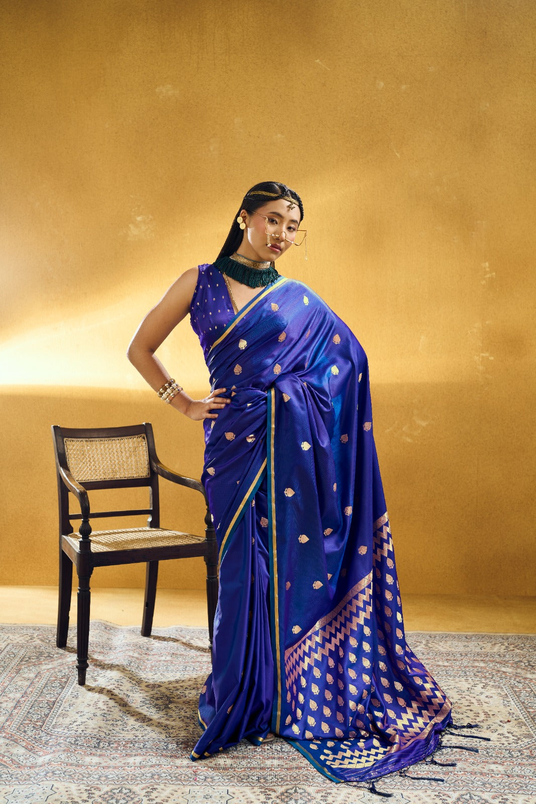 Premium Handloom Satin Silk Saree with Zari Motifs & Chevron Pallu