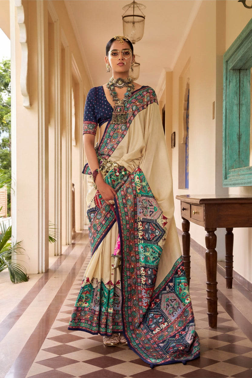 Mercerized Sigma Silk Saree | Classic Position Print in Tussar Color