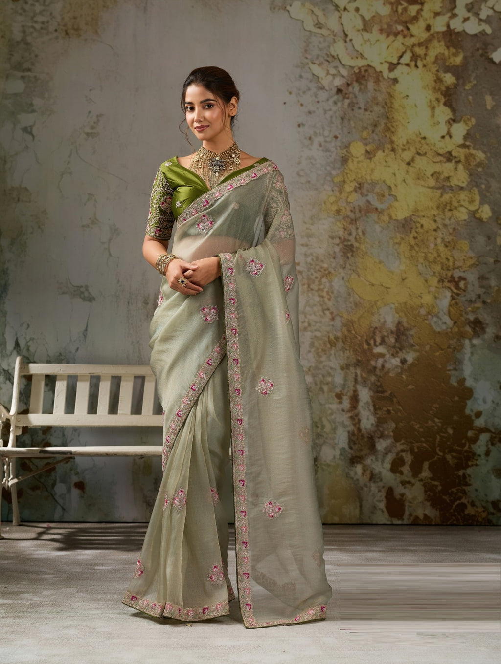 Metallic Tissue Saree with Pita Zari & Antique Sleeve-Embroidered Satin Blouse