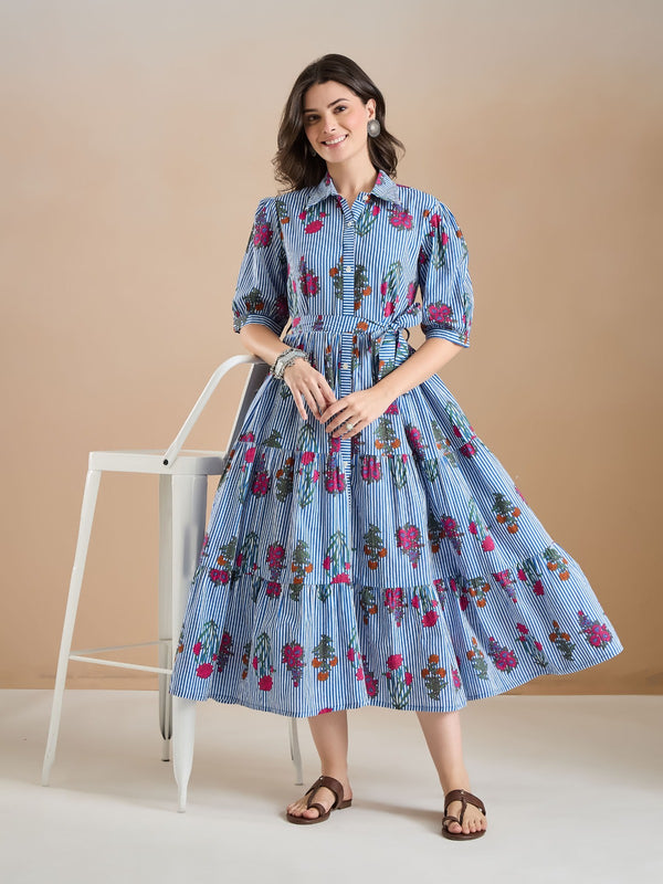 Floral Print Pure Cotton Blue Dress
