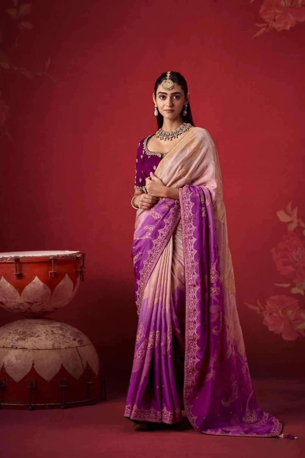 Ombré Dola Crape Silk Saree with Handcrafted Kundan Blouse