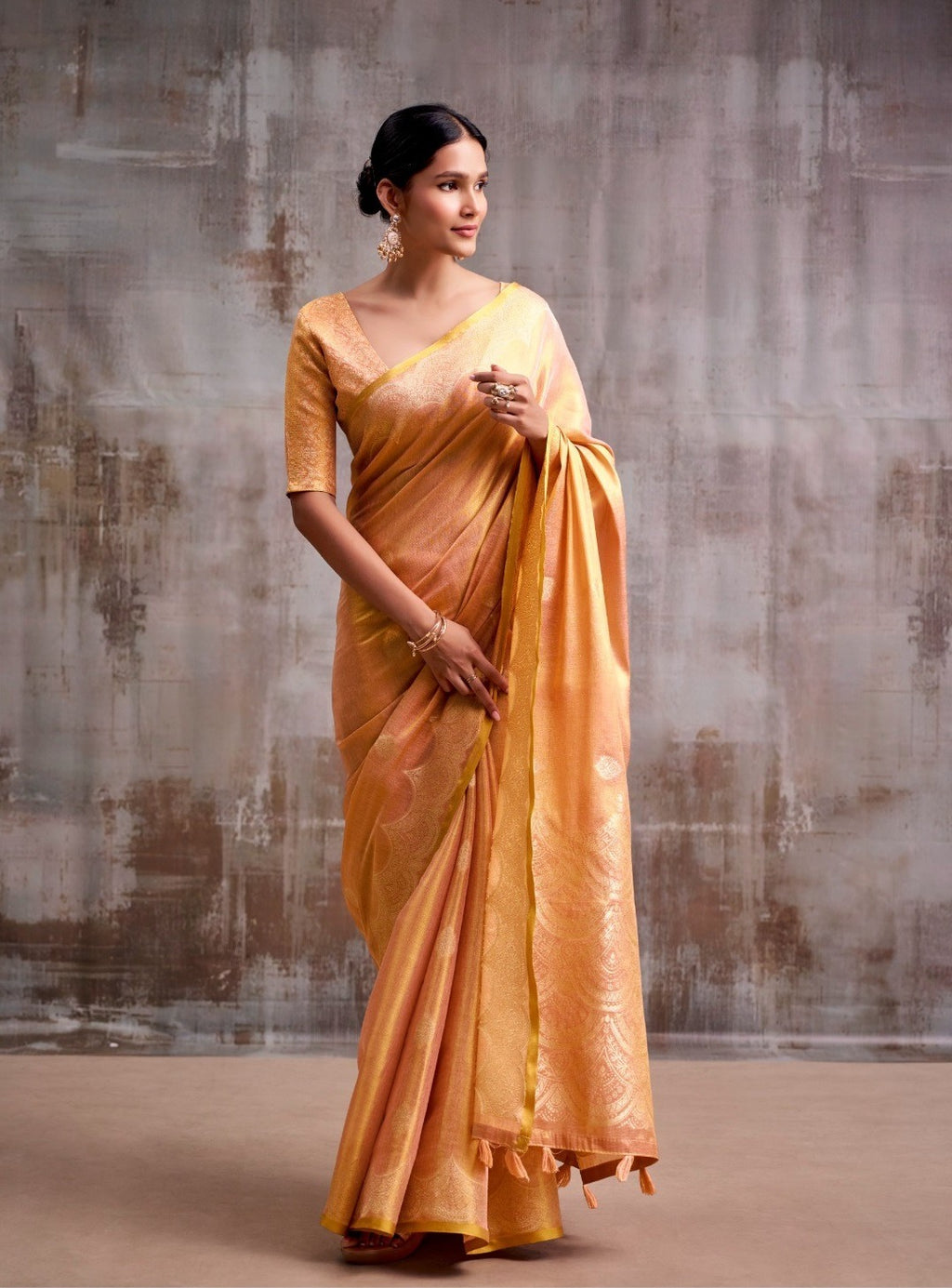 Luminous Grace: Designer Tissue Silk Saree with Matching Blouse Piece