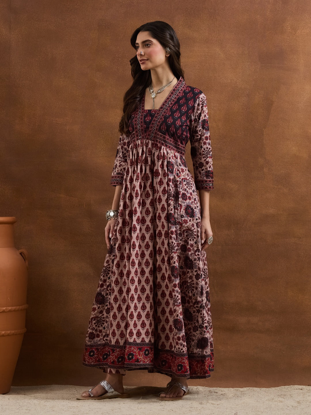 Dusty Pink Floral Printed Cotton Anarkali Kurta Set with Pants & Dupatta