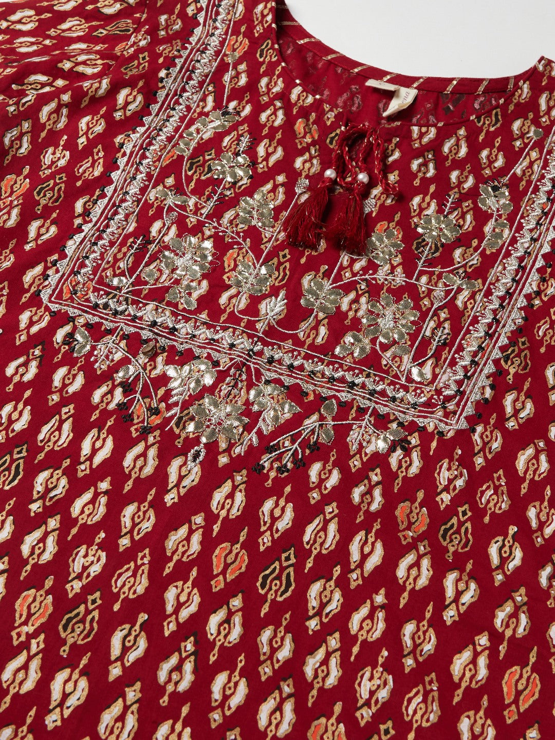 Maroon Gotta Patti Cotton Straight Kurta Palazzo Set with Sheer Net Dupatta