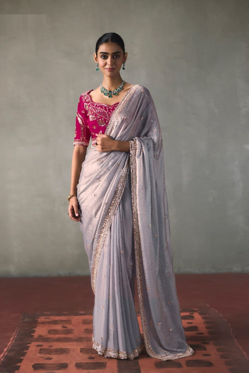 Embellished Sheer Silk Saree with Heavy Contrast Work Blouse