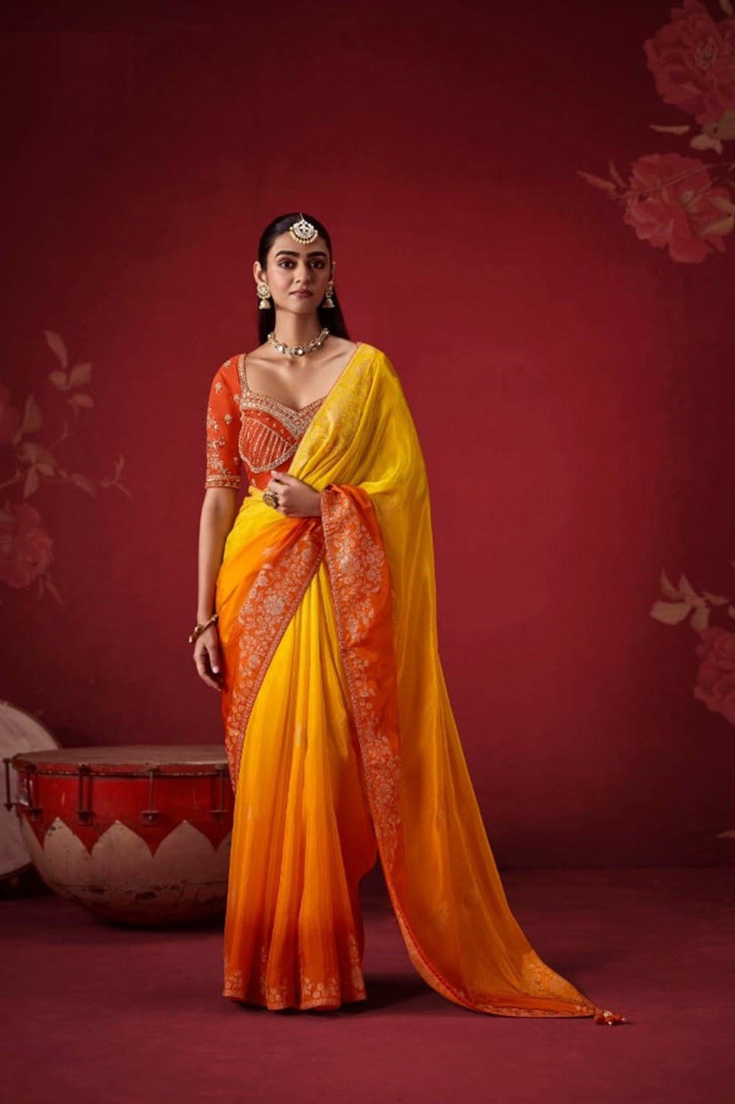 Ombré Dola Crape Silk Saree with Handcrafted Kundan Blouse