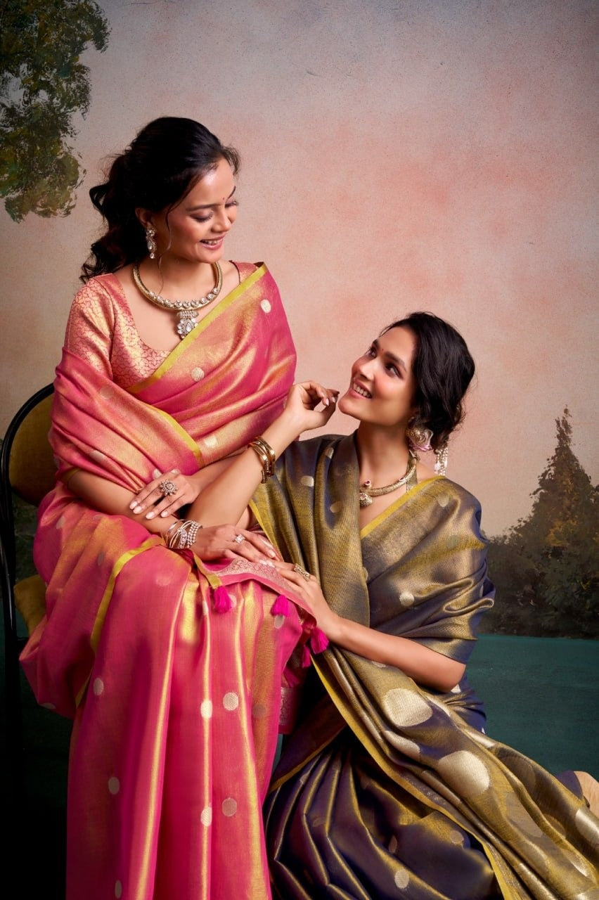 Luminous Tissue Silk with Gold Zari Motifs