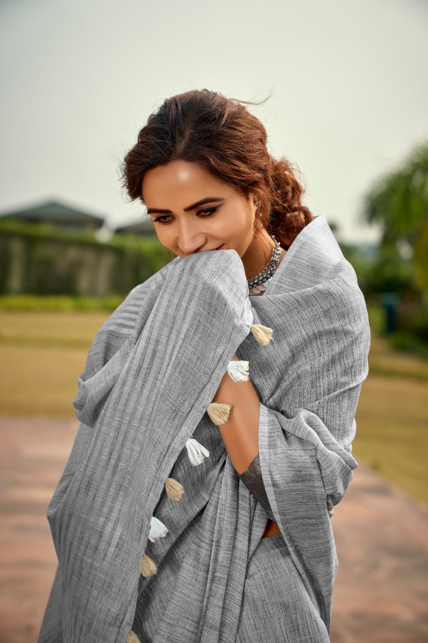 Timeless Elegance Meets Organic Luxury: Soft Linen Silk Sarees with Textured Khadi Work & Designer Blouse Piece