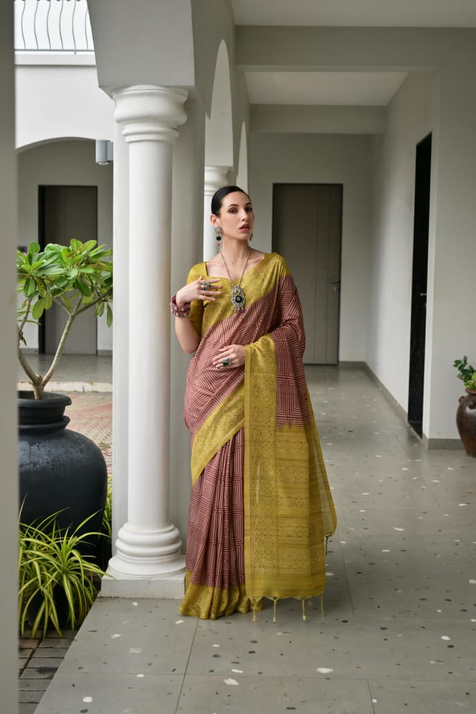 Soft Desi Tussar Silk Saree with Traditional Ikkat Pallu & Tassels