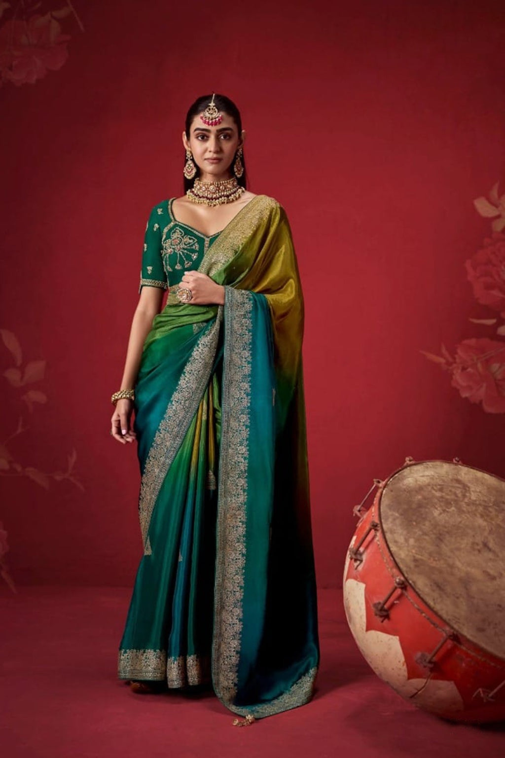 Ombré Dola Crape Silk Saree with Handcrafted Kundan Blouse