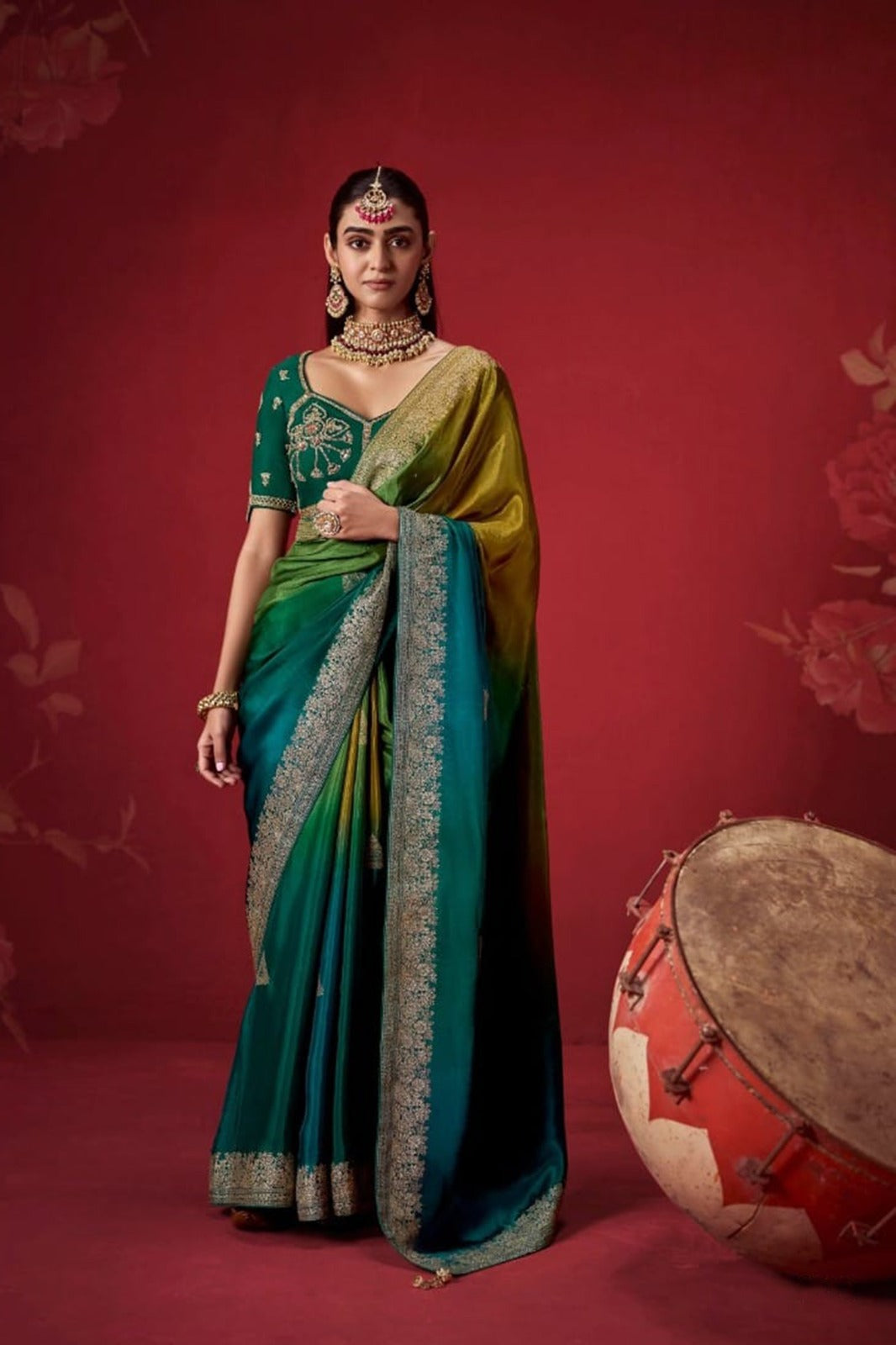Ombré Dola Crape Silk Saree with Handcrafted Kundan Blouse