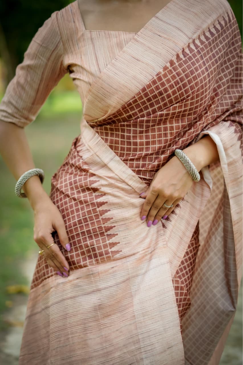 Soft Tussar Silk Saree with Kantha Weave Contrast Border & Check Print