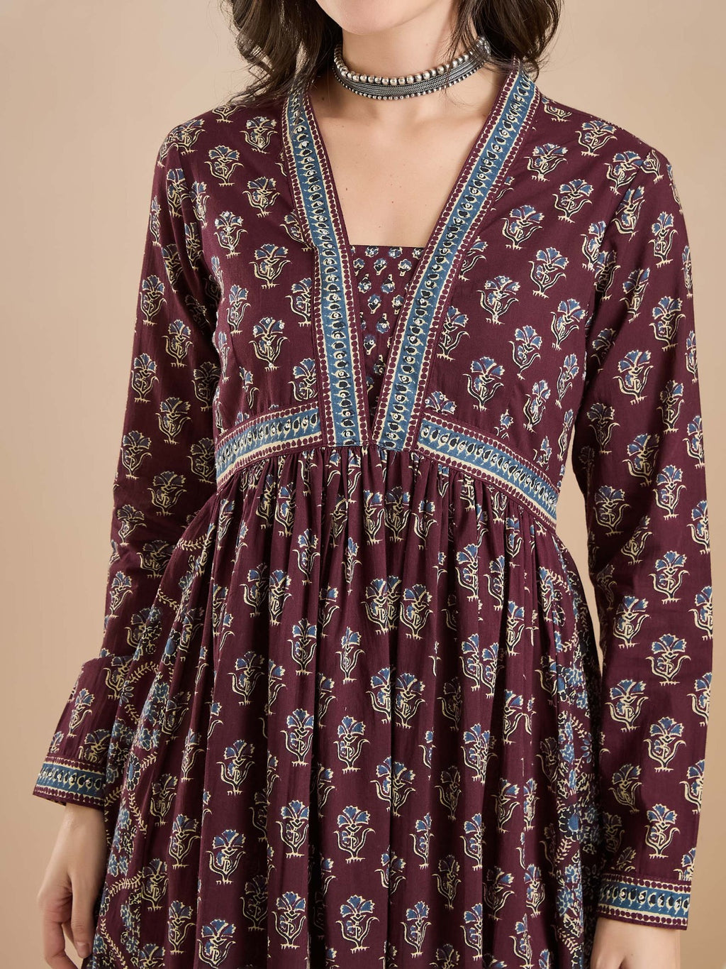 Wine Color Block Print Kurta