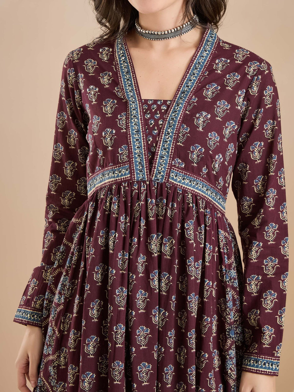 Wine Color Block Print Kurta