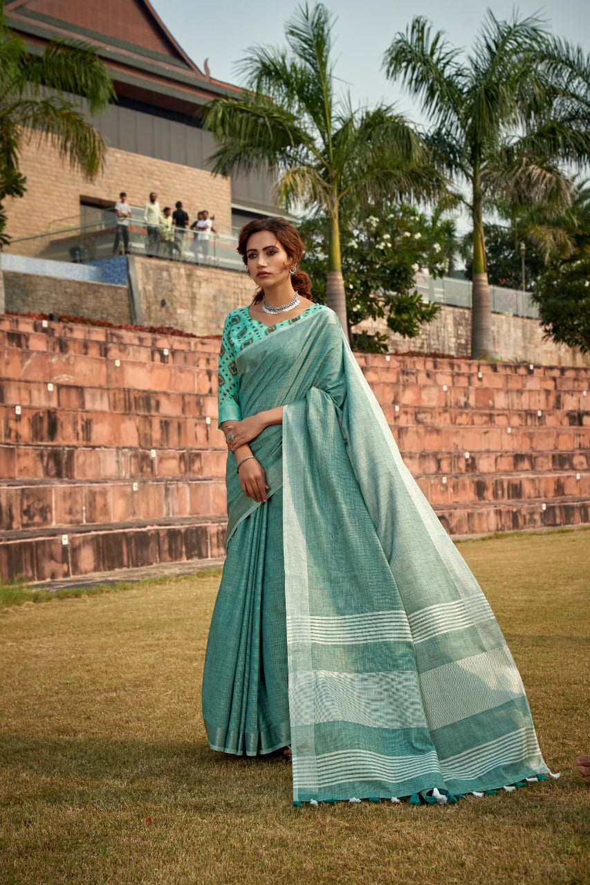 Timeless Elegance Meets Organic Luxury: Soft Linen Silk Sarees with Textured Khadi Work & Designer Blouse Piece