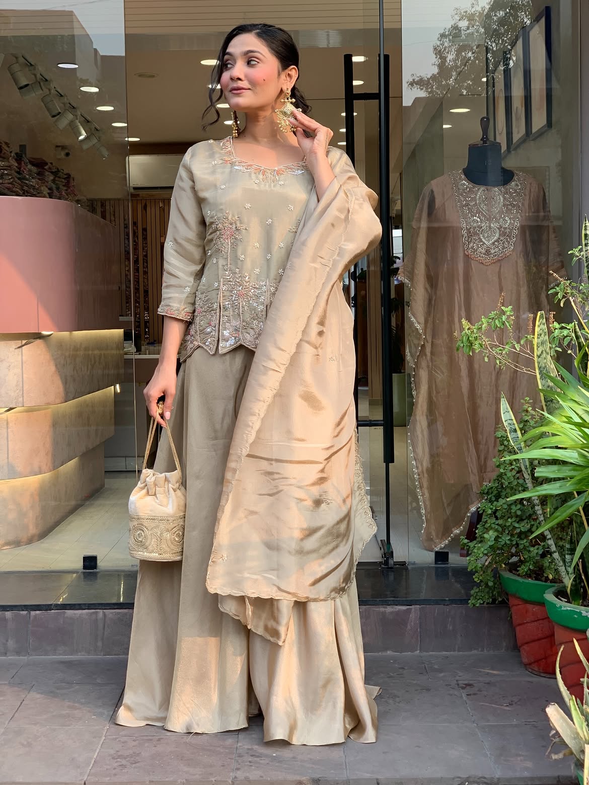 Champagne Gold Shimmer Silk Sharara Set | Hand-Embroidered Festive Suit