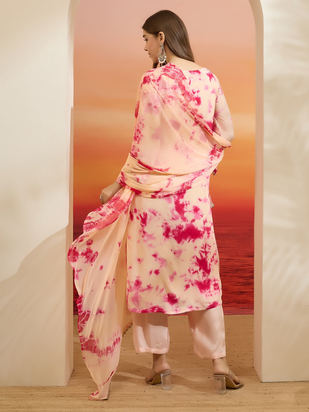 Pink & Peach Muslin Tie-Dye Kurta Set with Hand-Embroidered Mirror Work