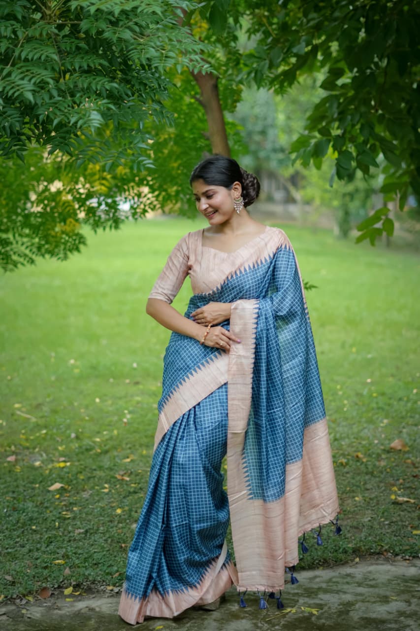 Soft Tussar Silk Saree with Kantha Weave Contrast Border & Check Print