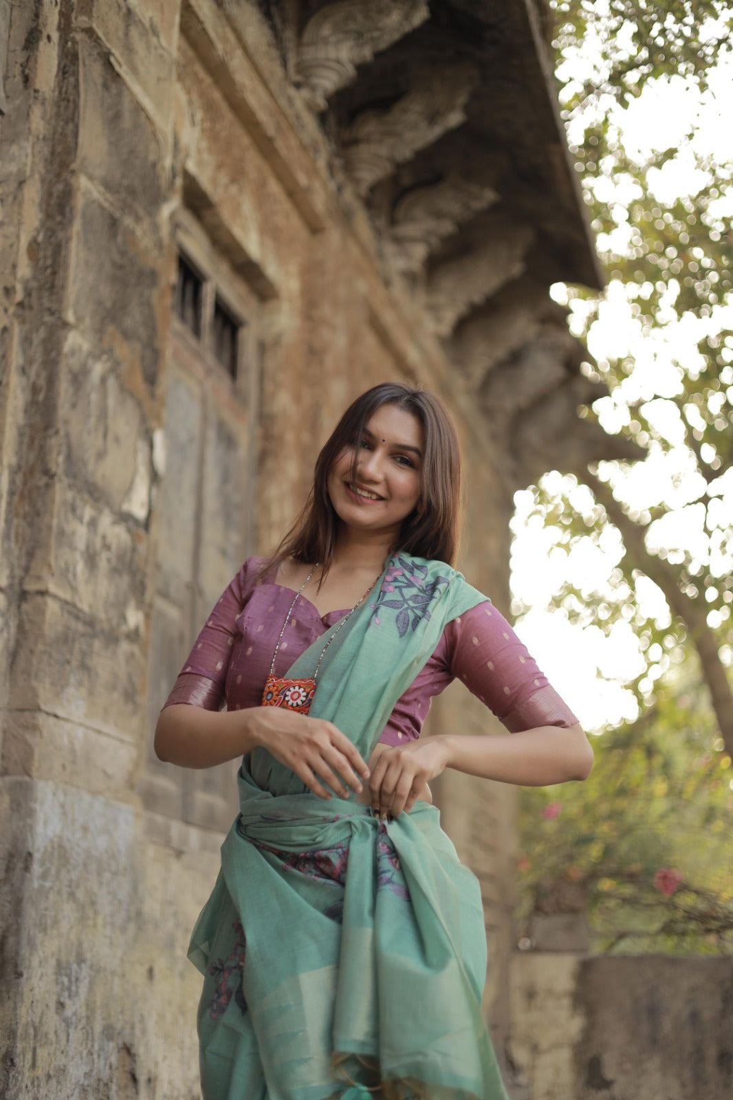 Premium Soft Muga Silk Saree with All-Over Floral Weaving & Contrast Blouse