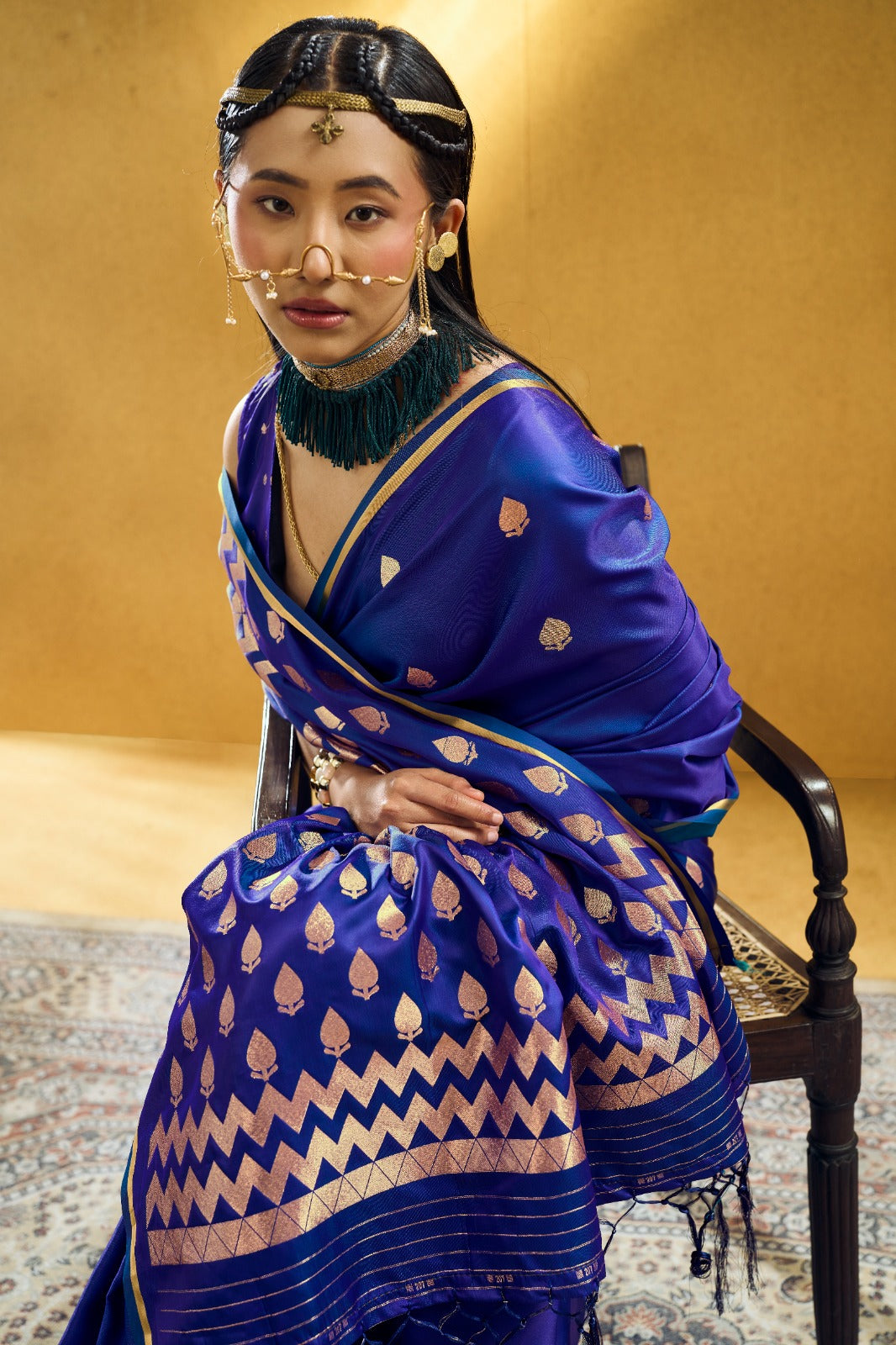Premium Handloom Satin Silk Saree with Zari Motifs & Chevron Pallu