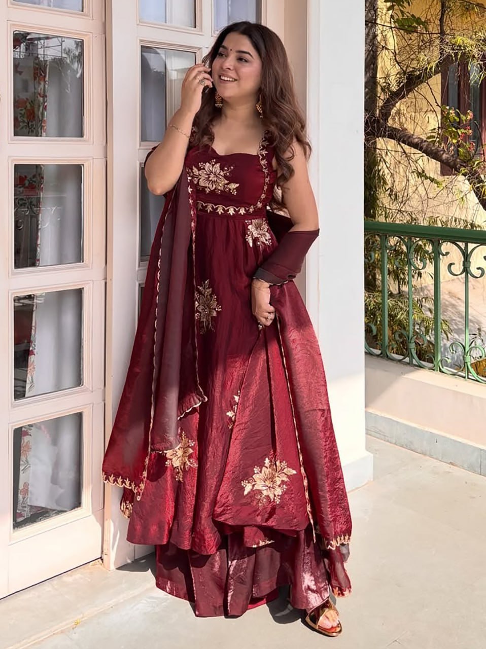 Regal Sophistication: Premium Fendy Silk Anarkali Set with Intricate Zari & Sequin Embroidery