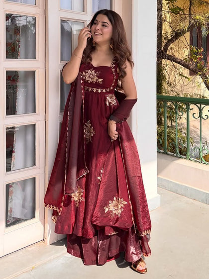 Regal Sophistication: Premium Fendy Silk Anarkali Set with Intricate Zari & Sequin Embroidery
