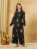 Black Rayon Foil Print Kurta Palazzo Sets