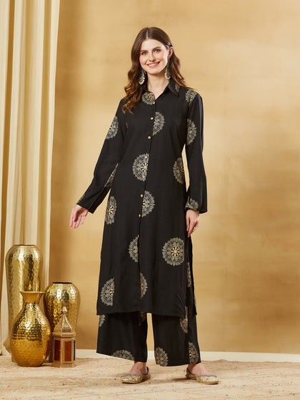 Black Rayon Foil Print Kurta Palazzo Sets