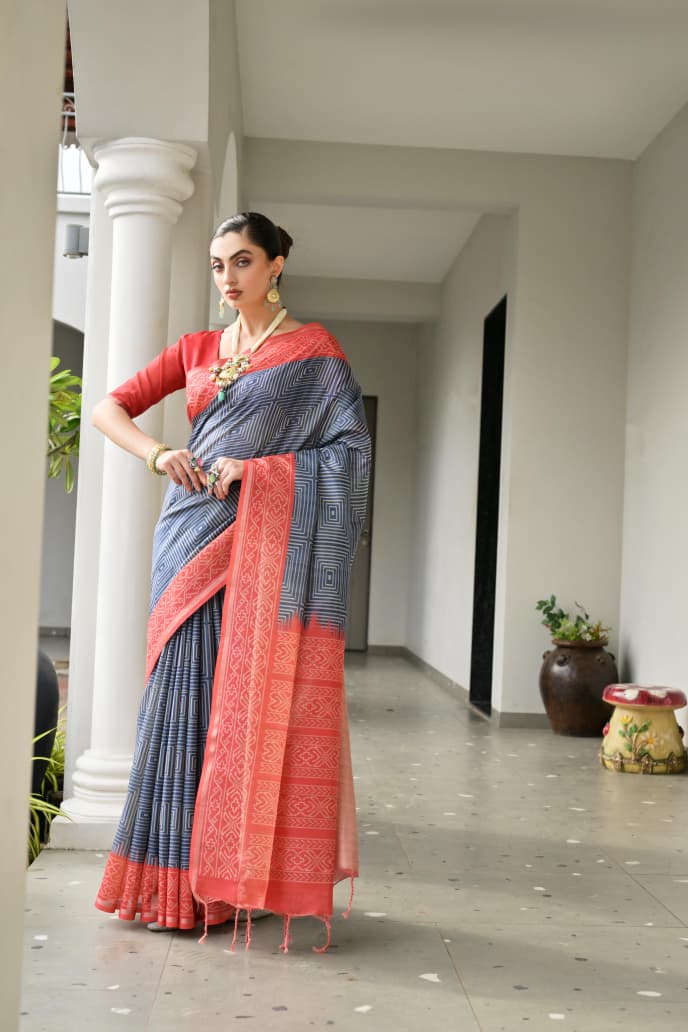 Soft Desi Tussar Silk Saree with Traditional Ikkat Pallu & Tassels