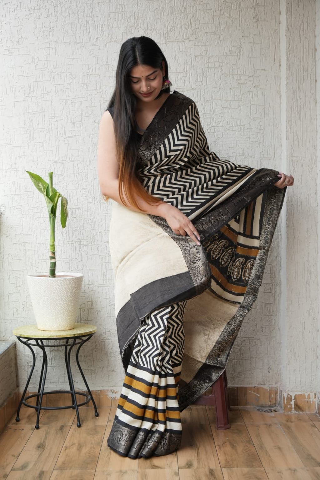Pure Dola Silk Ajrakh Hand Block Printed Saree with Elegant Printed Blouse