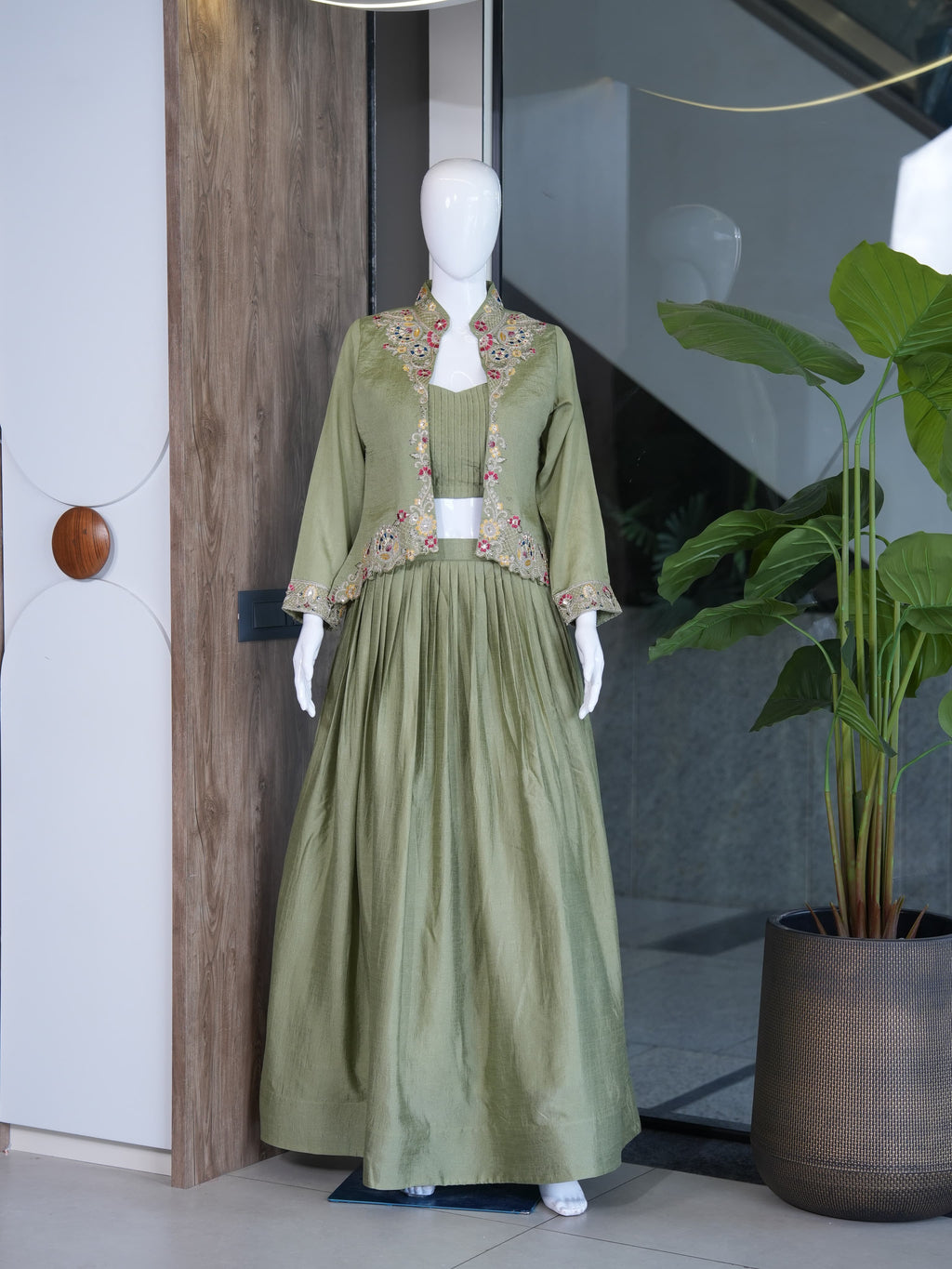 Festive Fusion Opulence: Premium Zazu Silk Embroidered Jacket Lehenga Set with 3-Meter Flair