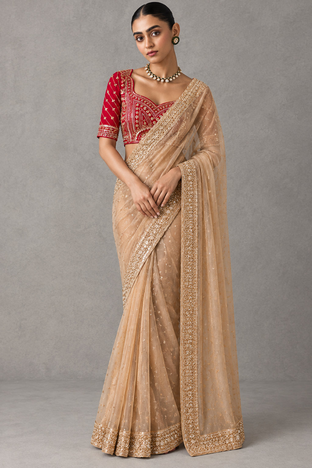 Embellished Sheer Silk Saree with Heavy Contrast Work Blouse