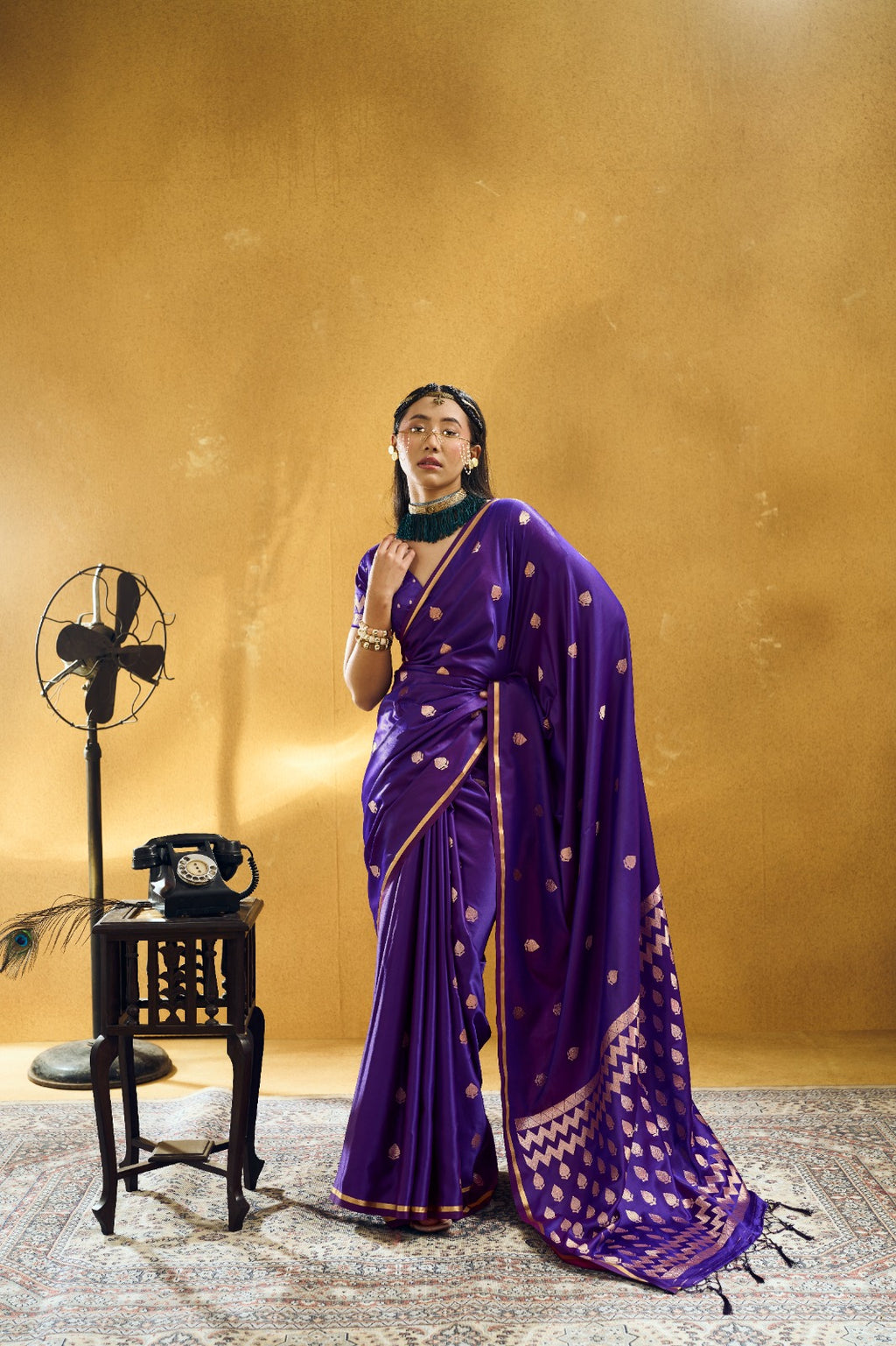Premium Handloom Satin Silk Saree with Zari Motifs & Chevron Pallu