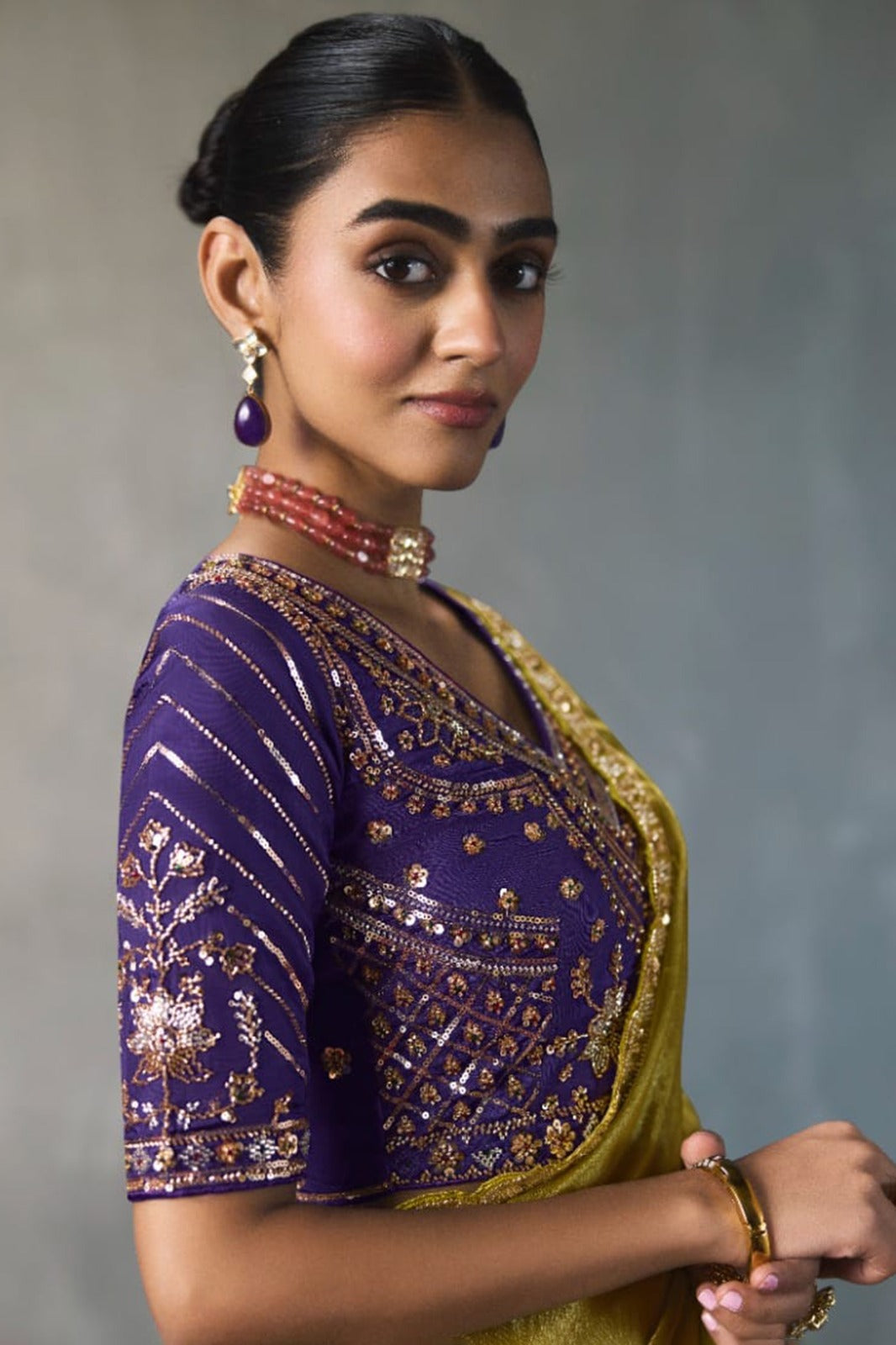 Embellished Sheer Silk Saree with Heavy Contrast Work Blouse