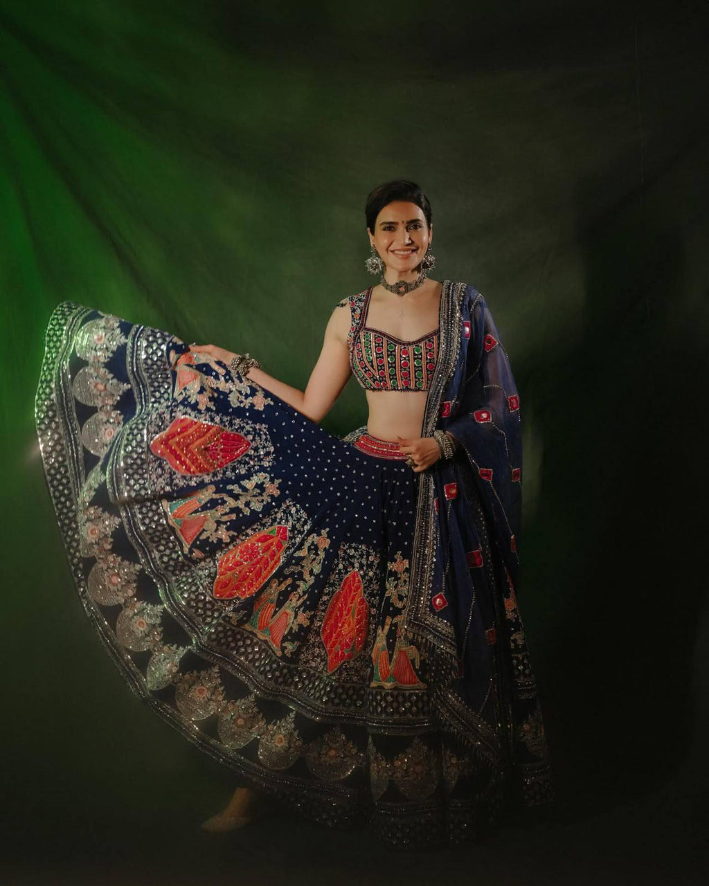 Royal Royal Blue Navratri Special Printed & Real Mirror Work Muslin Cotton Lehenga Choli
