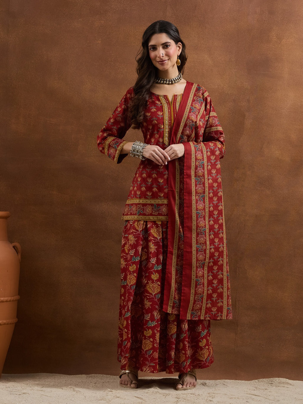 Red Floral Printed Cotton Straight Kurti Skirt & Dupatta Set