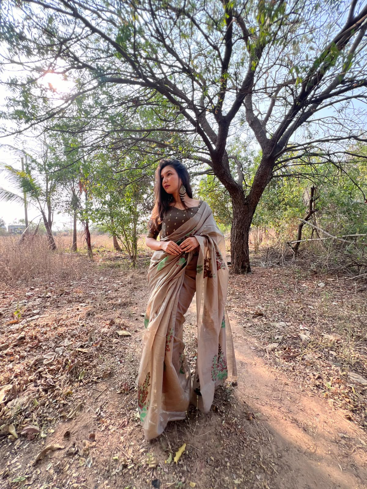 Premium Soft Muga Silk Saree with All-Over Floral Weaving & Contrast Blouse