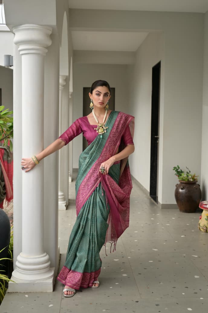 Soft Desi Tussar Silk Saree with Traditional Ikkat Pallu & Tassels