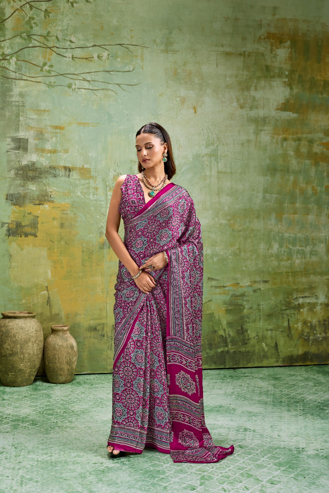Premium Modal Satin Ajrakh Printed Saree with Matching Blouse