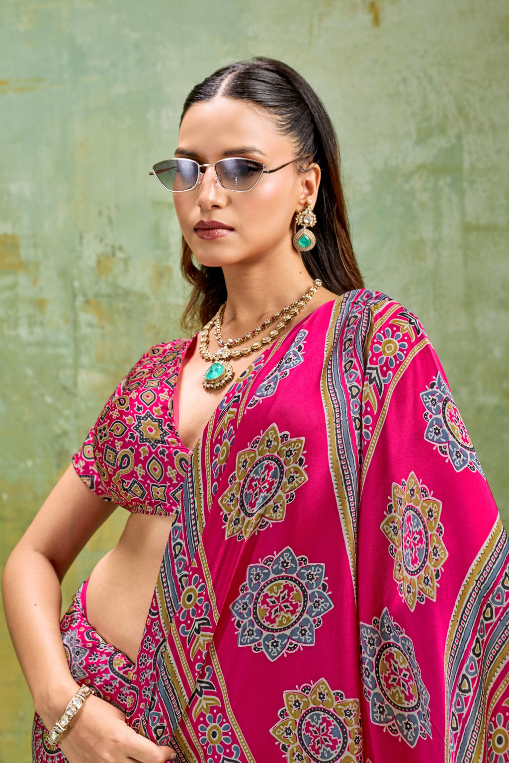 Premium Modal Satin Ajrakh Printed Saree with Matching Blouse