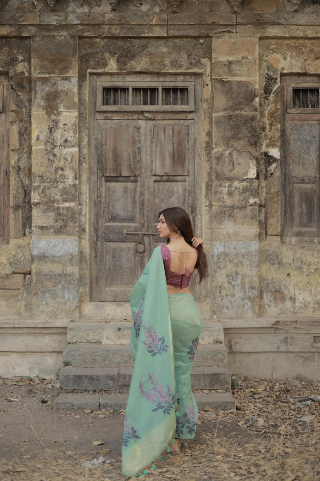 Premium Soft Muga Silk Saree with All-Over Floral Weaving & Contrast Blouse