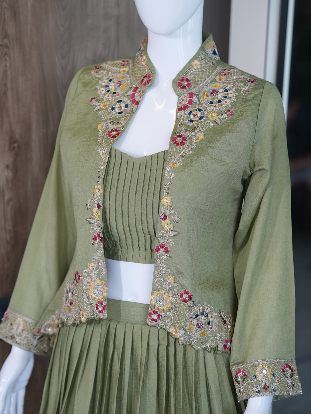 Festive Fusion Opulence: Premium Zazu Silk Embroidered Jacket Lehenga Set with 3-Meter Flair