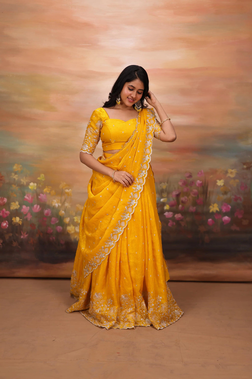 Embroidered Sindoori Silk Lehenga Set | Yellow & Teal Festive Suit