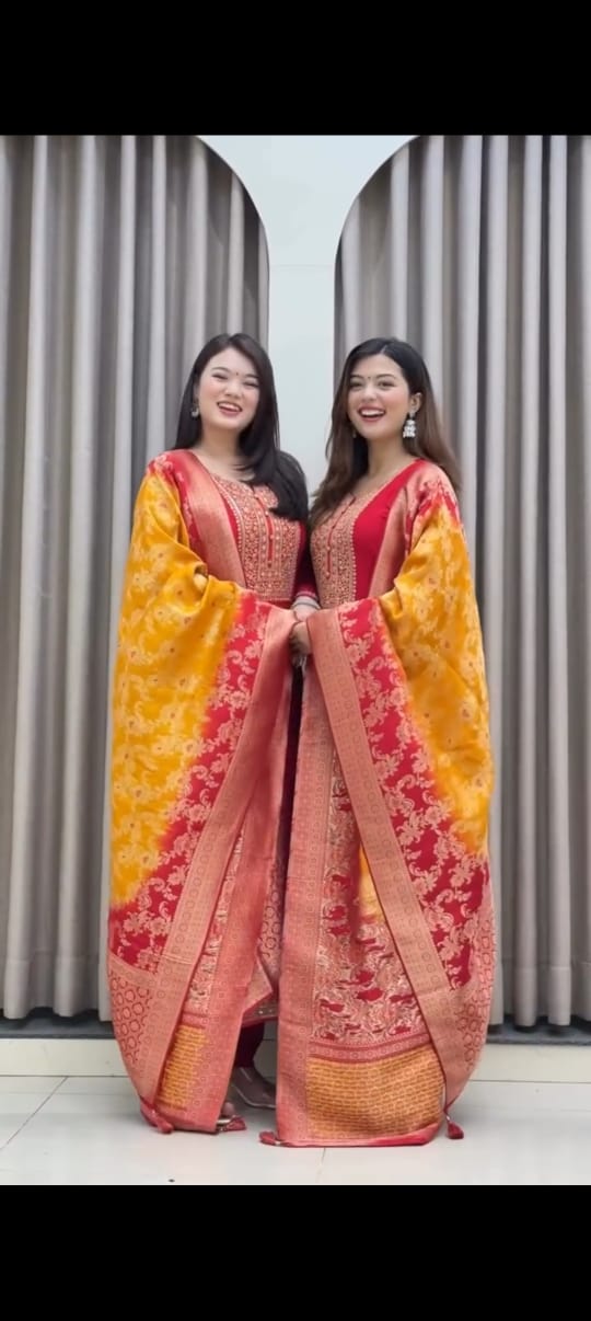 Royal Golden Zari Banana Silk Anarkali Kurti Set with Banarasi Dupatta