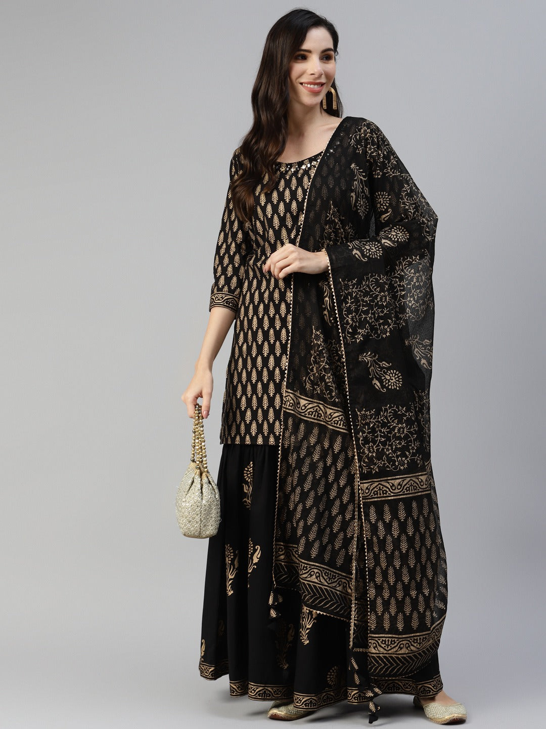 Glam Up Your Festive Look: Gotta Patti Black & Gold Kurta Sharara Set