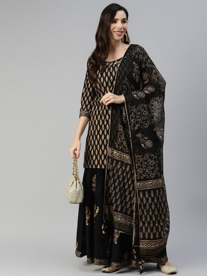 Glam Up Your Festive Look: Gotta Patti Black & Gold Kurta Sharara Set